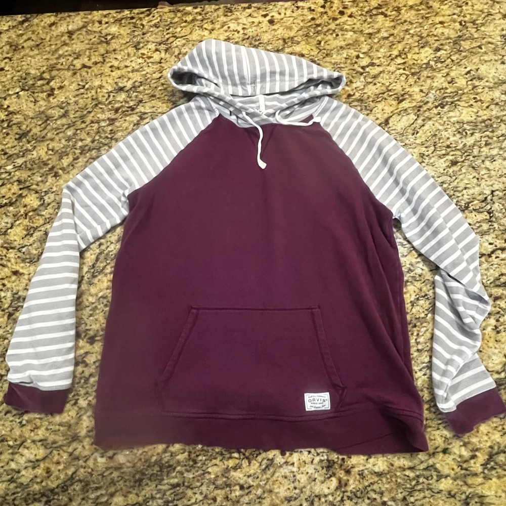 Orvis Classic Collection Womens Medium Hoodie Burgundy Striped Raglan Pullover